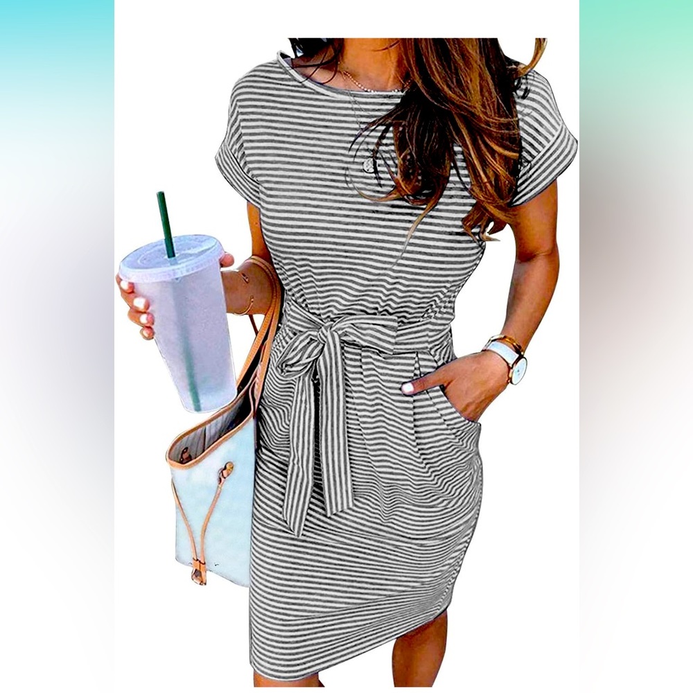 Women's Striped Short Sleeve T Shirt Dress Tie Waist with Pockets. Large, grey